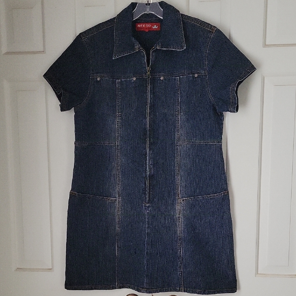 Neeso Womens Short Sleeve Zip Down Denim Mini Dress Sz Xl Vintage Y2k